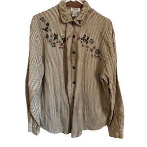 Teddi Blouse Women's Size Large Brown White Vintage Acorns & Leaves Embroidered